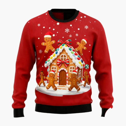 Herren Weihnachtspullover Ugly Christmas Sweater mit Lebkuchenmann, Lebkuchenhaus & Tannenbaum – Lustiger Winterpulli für Weihnachten