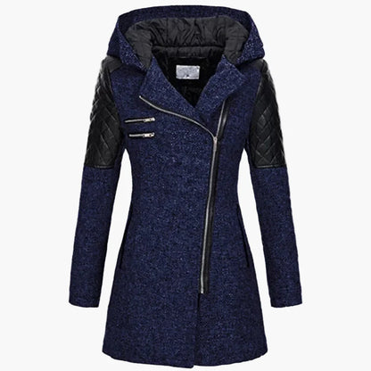 Women's winter coat with hood and asymmetrical zipper – fashionable long transitional coat for autumn & winter