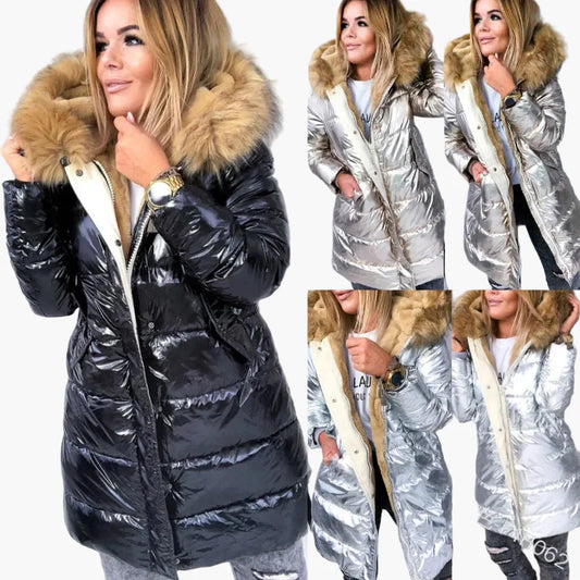 Women's winter quilted coat with hood and fur collar – fashionable European-American style, warm, elegant, everyday and outdoor