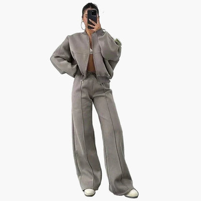 Women's Oversize Casual Suit Two-Piece with Wide Pants and Zipper Jacket – Casual Streetwear Look