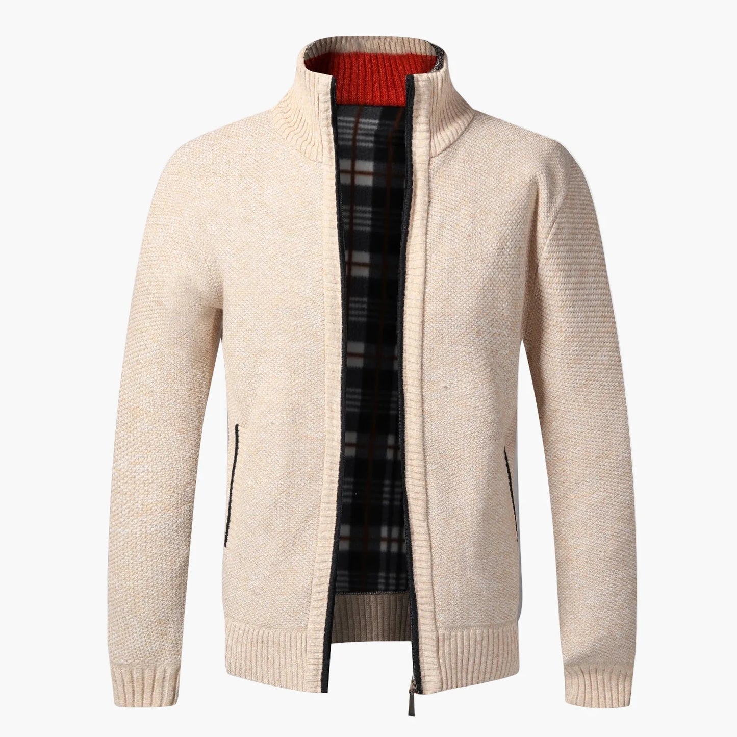 Men's knit cardigan with stand-up collar and checkered lining – fashionable casual jacket
