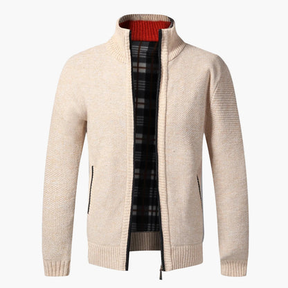 Men's knit cardigan with stand-up collar and checkered lining – fashionable casual jacket