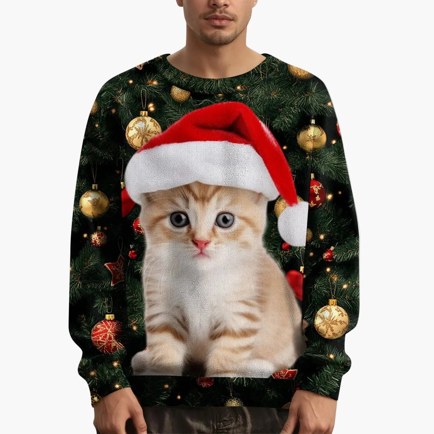 Herren Weihnachts-Sweatshirt mit Katzenmotiv und festlichem Print – Lustiges Pullover für die Feiertage