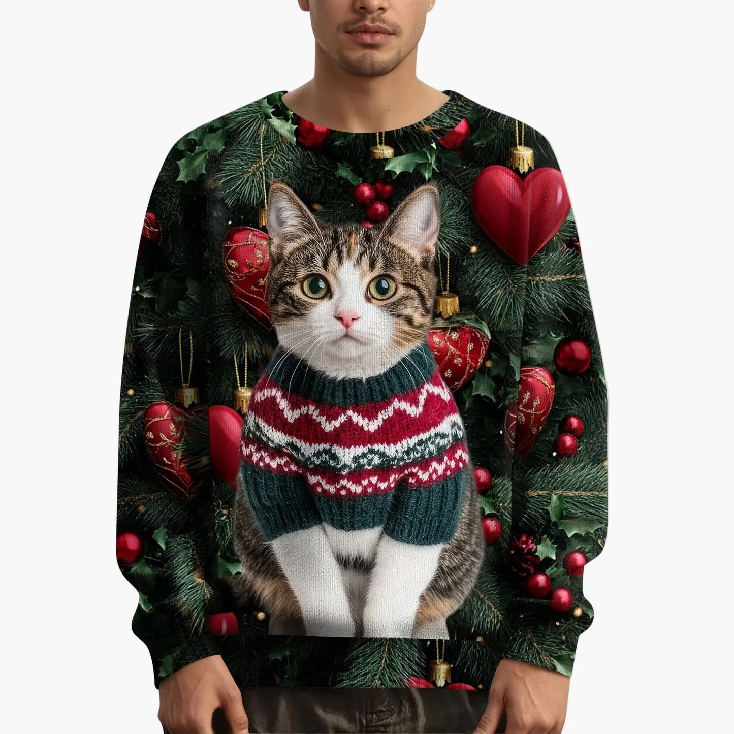 Herren Weihnachts-Sweatshirt mit Katzenmotiv und festlichem Print – Lustiges Pullover für die Feiertage