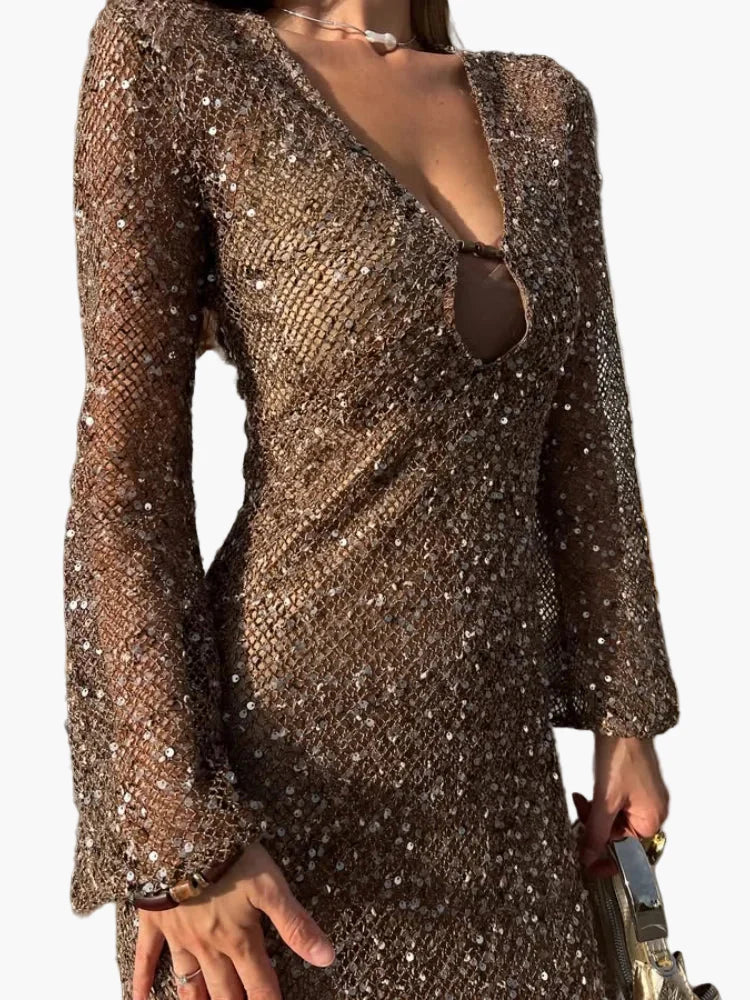 Women's glitter evening dress with sequins and deep V-neck – elegant party dress for special occasions