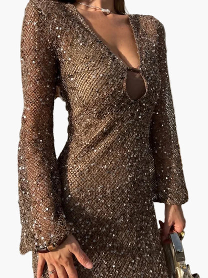 Women's glitter evening dress with sequins and deep V-neck – elegant party dress for special occasions