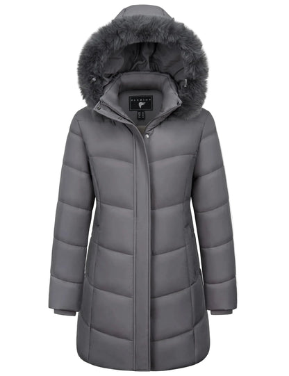 Women's winter quilted coat with hood – fashionable long puffer jacket for everyday & outdoor