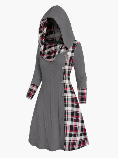Women's hooded dress in vintage style with check pattern for autumn and winter