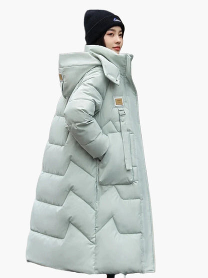 Women's winter quilted coat with hood – long, warm outdoor parka for everyday & leisure
