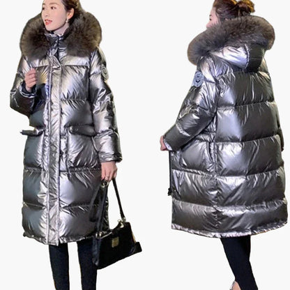 Women's winter quilted coat with hood and fur collar – elegant, long puffer for cold days