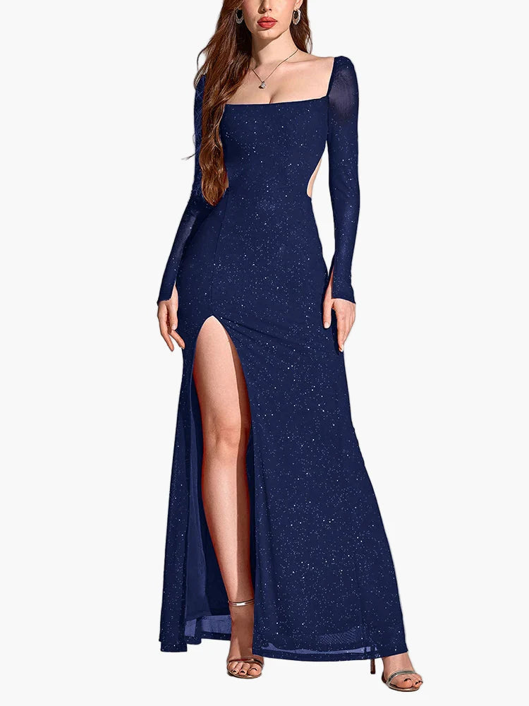 Damen Abendkleid Elegant Langarm mit Schlitz – Perfekt für festliche Anlässe & Gala