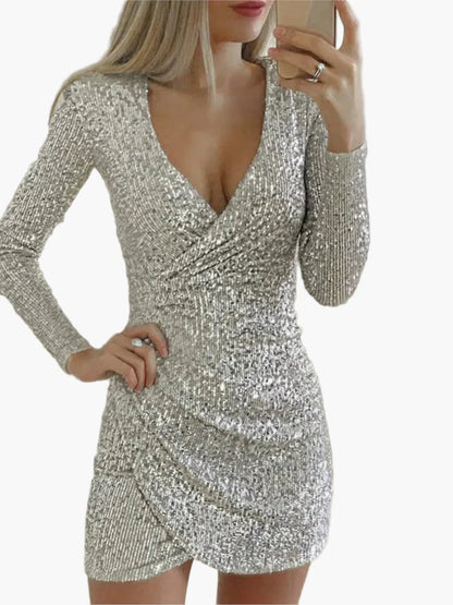 Women's glitter party dress with long sleeves and wrap look – perfect for festive occasions