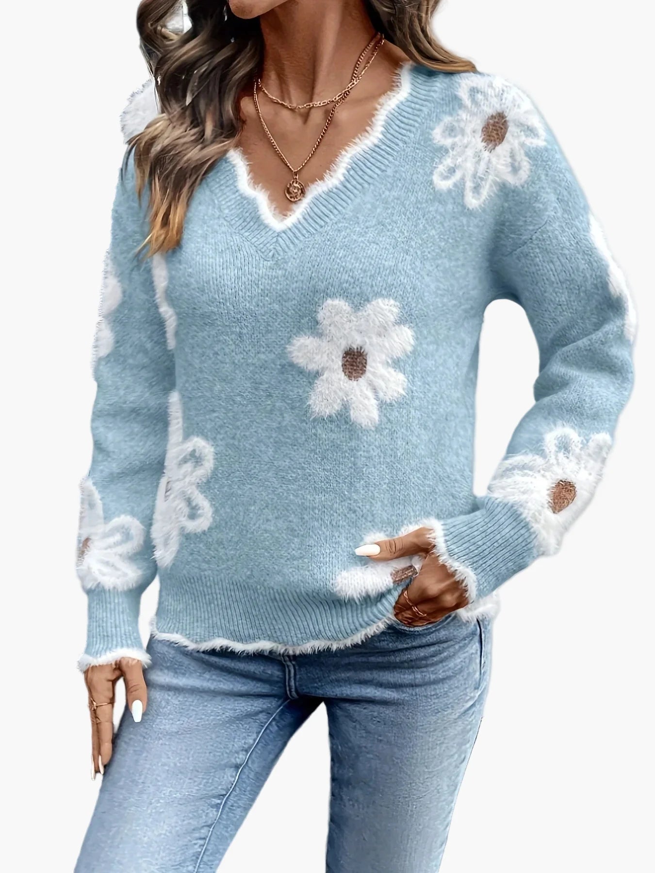 Damen Pullover mit Blumenmuster und V-Ausschnitt – Modischer Freizeit-Strickpullover für Alltag und Büro
