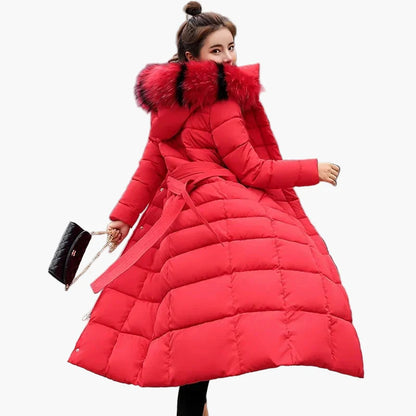 Women's winter quilted coat with hood and fur collar – elegant long parka for everyday & outdoor