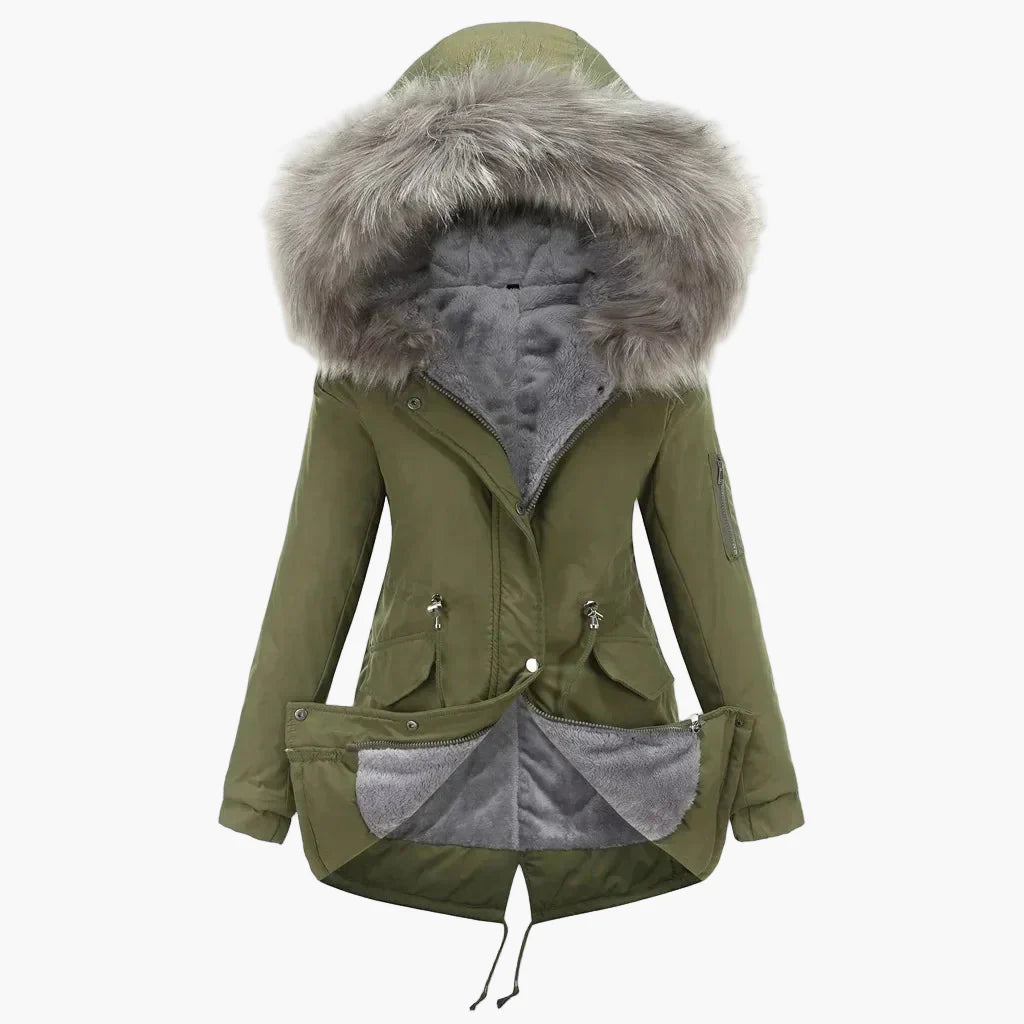 Women's winter parka with hood and faux fur – fashionable outdoor jacket for cold days