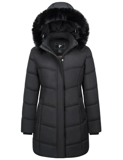 Women's winter quilted coat with hood – fashionable long puffer jacket for everyday & outdoor