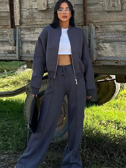 Women's Oversize Casual Suit Two-Piece with Wide Pants and Zipper Jacket – Casual Streetwear Look