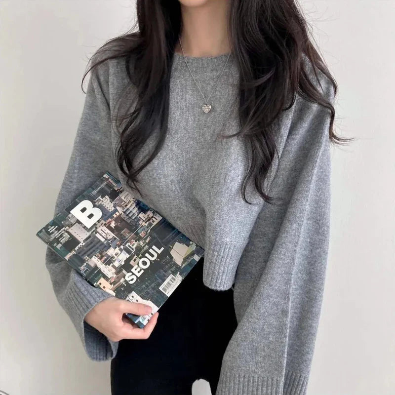 Damen Cropped Pullover mit weitem Ärmel – Modischer Freizeit-Look für Alltag und Büro