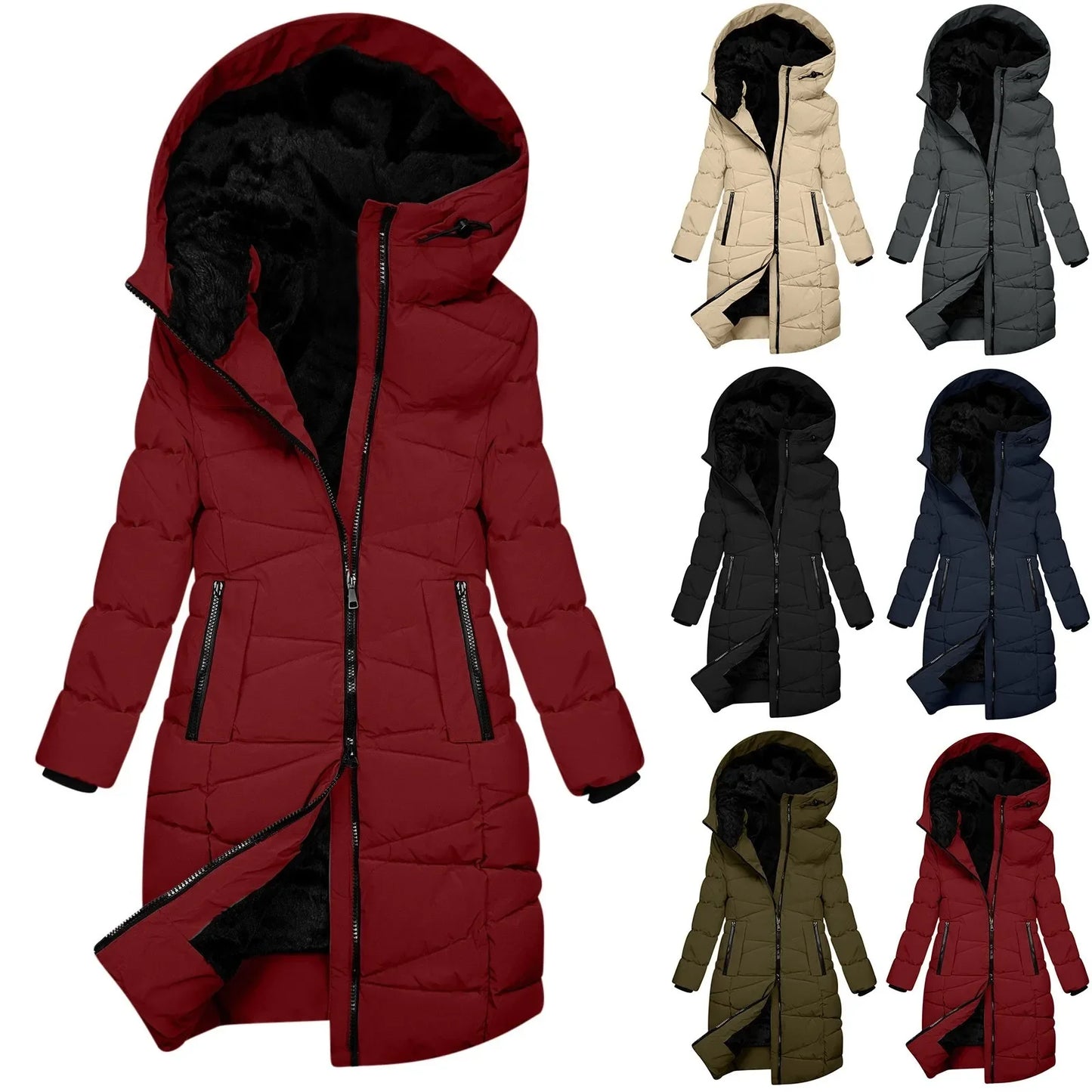 Women's Winter Quilted Long Coat with Hood – Windproof Down Jacket with Zipper, Fashionable & Warm