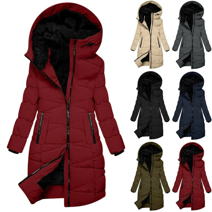Women's Winter Quilted Long Coat with Hood – Windproof Down Jacket with Zipper, Fashionable & Warm