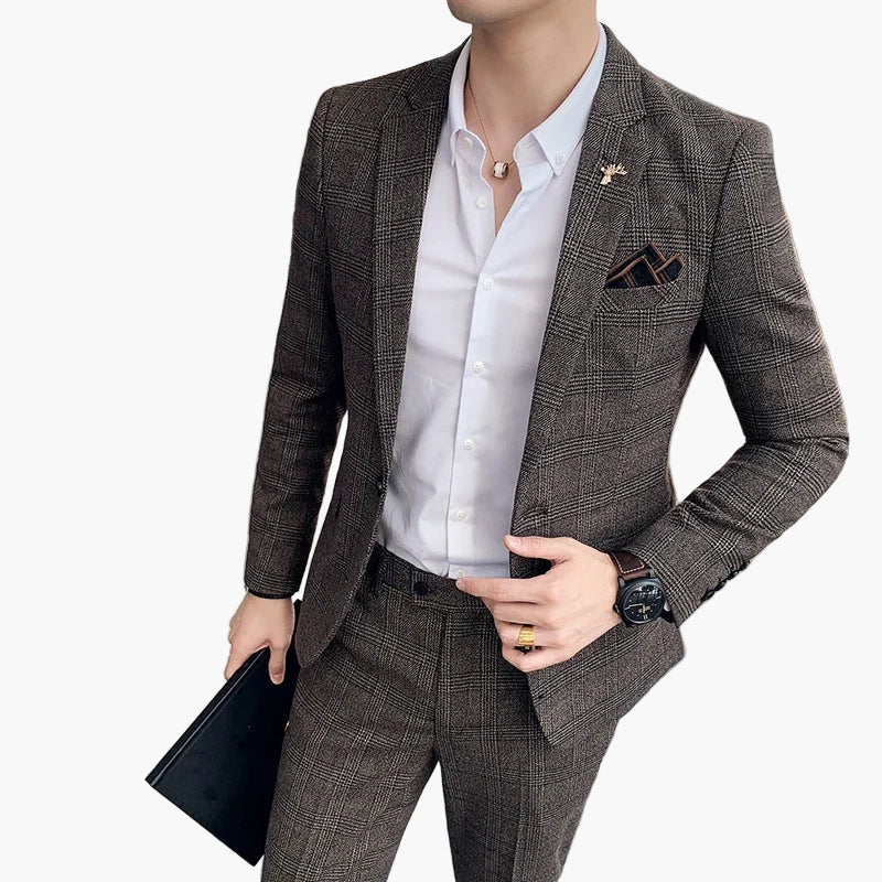 Men's Modern Business Suit Set – Elegant Checked Look for Office and Special Occasions