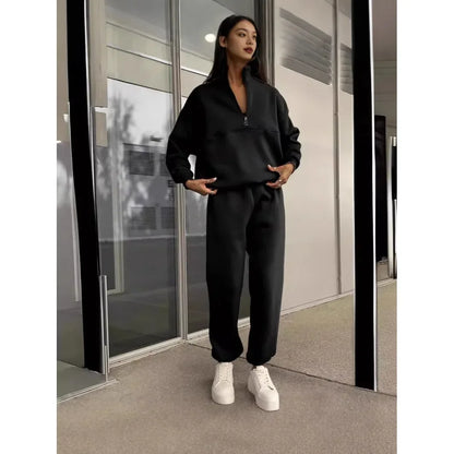 Women's Two-Piece Casual Tracksuit with Stand-Up Collar and Zipper – Casual Set for Everyday and Sports