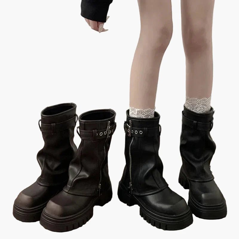 Women's platform boots with zipper and buckles trendy autumn winter look