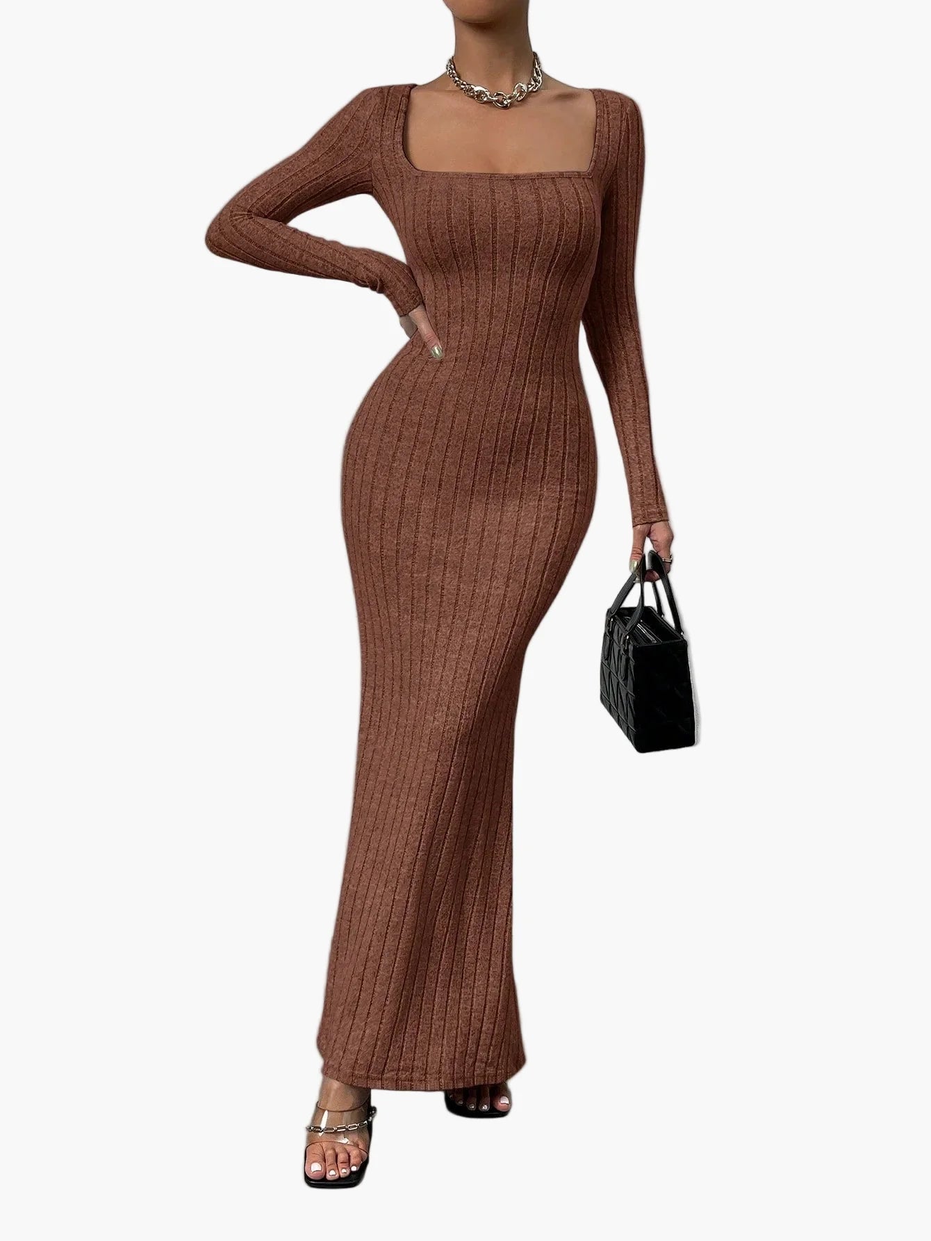 Women's maxi dress with ribbed texture and long sleeve – Elegant, figure-hugging evening dress for stylish occasions