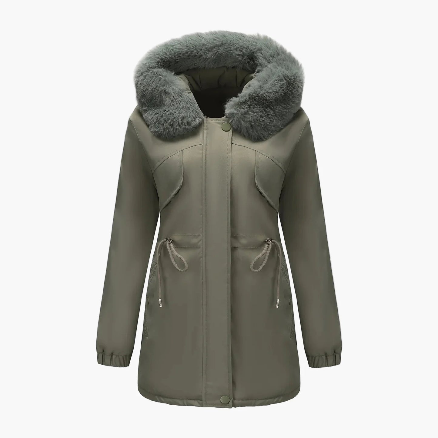 Women's winter jacket with hood and faux fur collar – Elegant parka for cold days