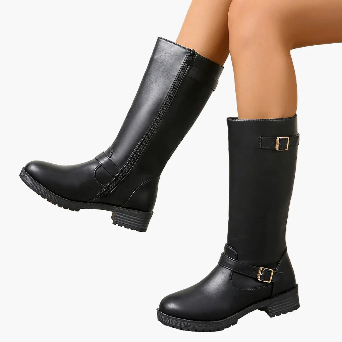 Women's boots with buckles and zipper – Fashionable knee-high boots for autumn and winter