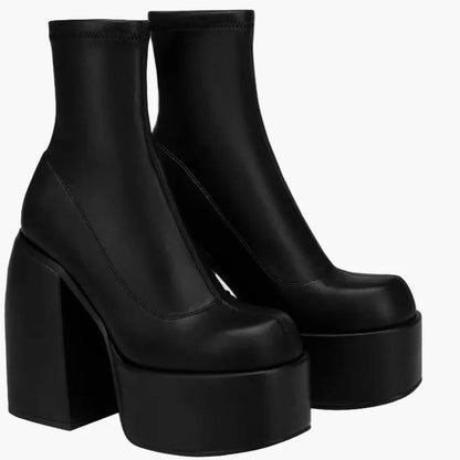 Damen Plateau Blockabsatz Stiefeletten Modische High Heel Schuhe für Party und Alltag