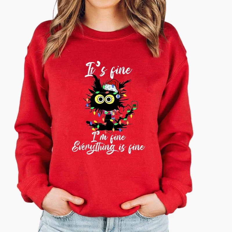Women's Christmas Sweater with Cat, Christmas Hat and String Lights – Funny Winter Sweater for Women