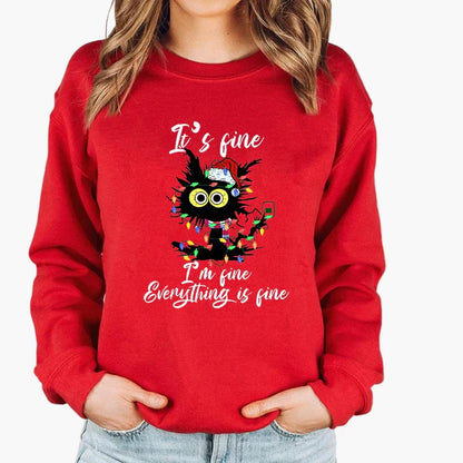 Women's Christmas Sweater with Cat, Christmas Hat and String Lights – Funny Winter Sweater for Women