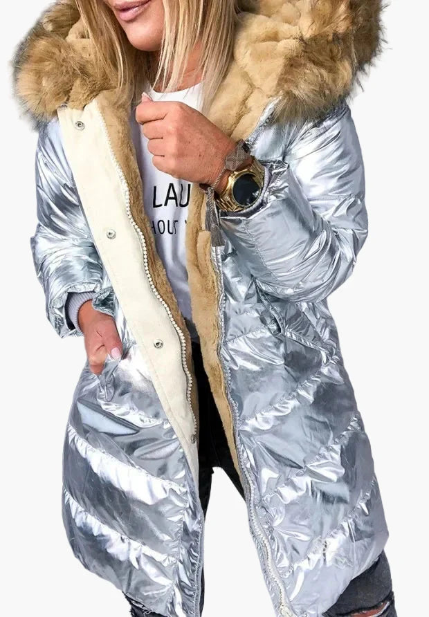 Women's winter quilted coat with hood and fur collar – fashionable European-American style, warm, elegant, everyday and outdoor