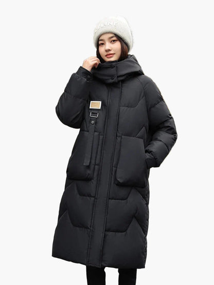 Women's winter quilted coat with hood – long, warm outdoor parka for everyday & leisure