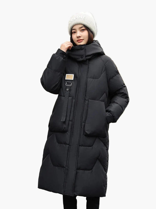 Women's winter quilted coat with hood – long, warm outdoor parka for everyday & leisure