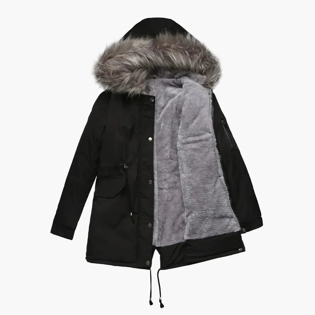 Women's winter parka with hood and faux fur – fashionable outdoor jacket for cold days