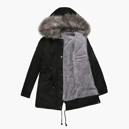 Women's winter parka with hood and faux fur – fashionable outdoor jacket for cold days