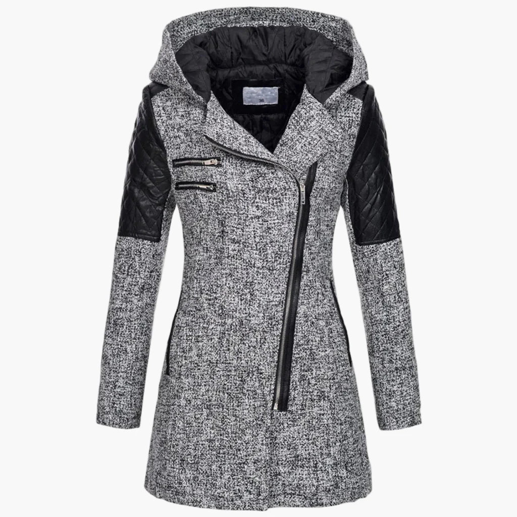Women's winter coat with hood and asymmetrical zipper – fashionable long transitional coat for autumn & winter