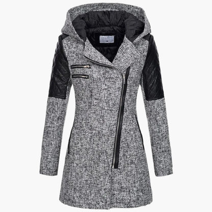 Women's winter coat with hood and asymmetrical zipper – fashionable long transitional coat for autumn & winter