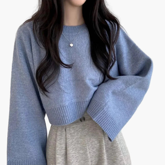 Damen Cropped Pullover mit weitem Ärmel – Modischer Freizeit-Look für Alltag und Büro