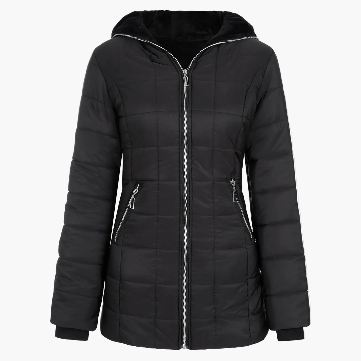 Women's winter jacket with hood and asymmetrical zipper – Fashionable outdoor jacket with fleece lining