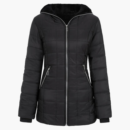 Women's winter jacket with hood and asymmetrical zipper – Fashionable outdoor jacket with fleece lining