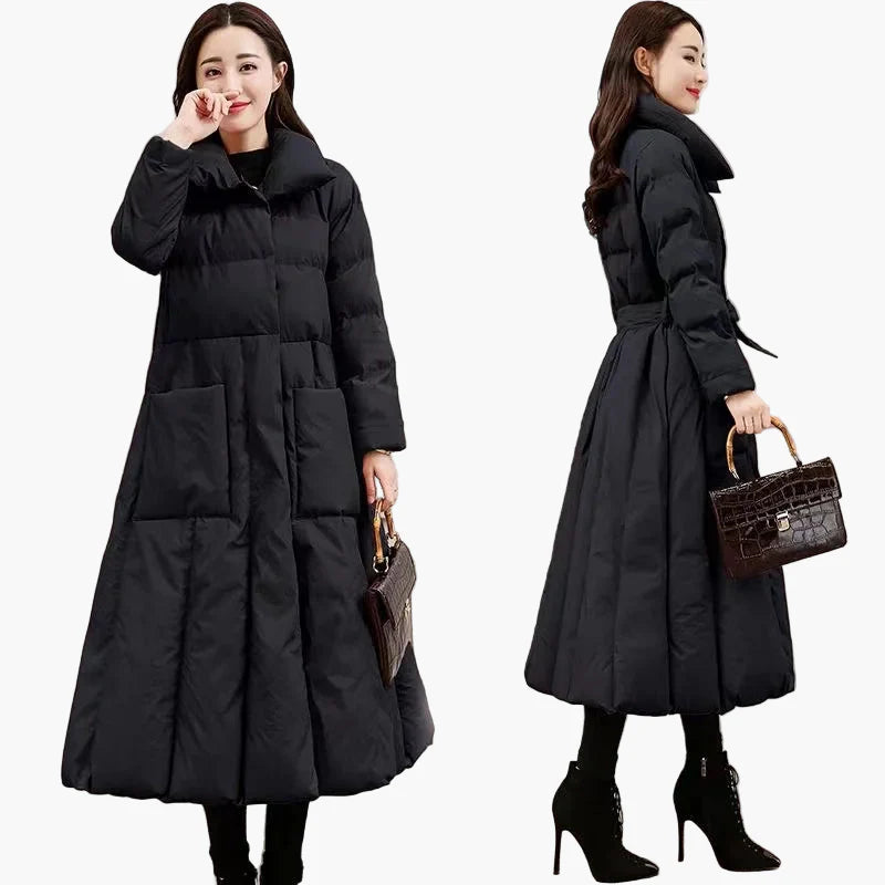 Women's Quilted Coat Winter Long Elegant Warm with Belt – Fashionable Outdoor Coat for Everyday and Leisure