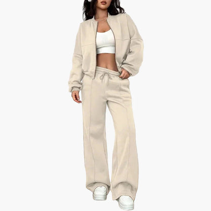 Women's Oversize Casual Suit Two-Piece with Wide Pants and Zipper Jacket – Casual Streetwear Look