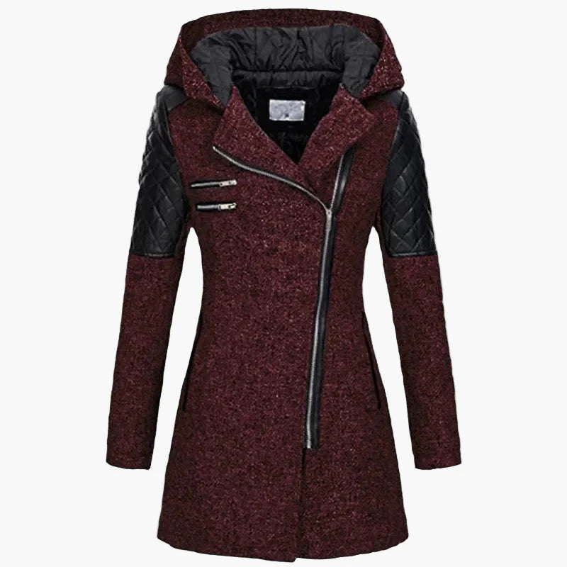 Women's winter coat with hood and asymmetrical zipper – fashionable long transitional coat for autumn & winter