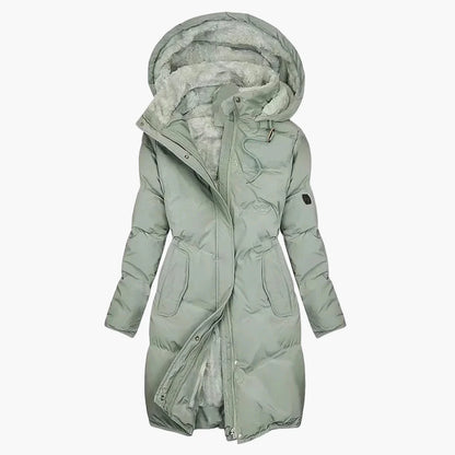 Women's winter coat with hood – Elegant long quilted coat for cold days