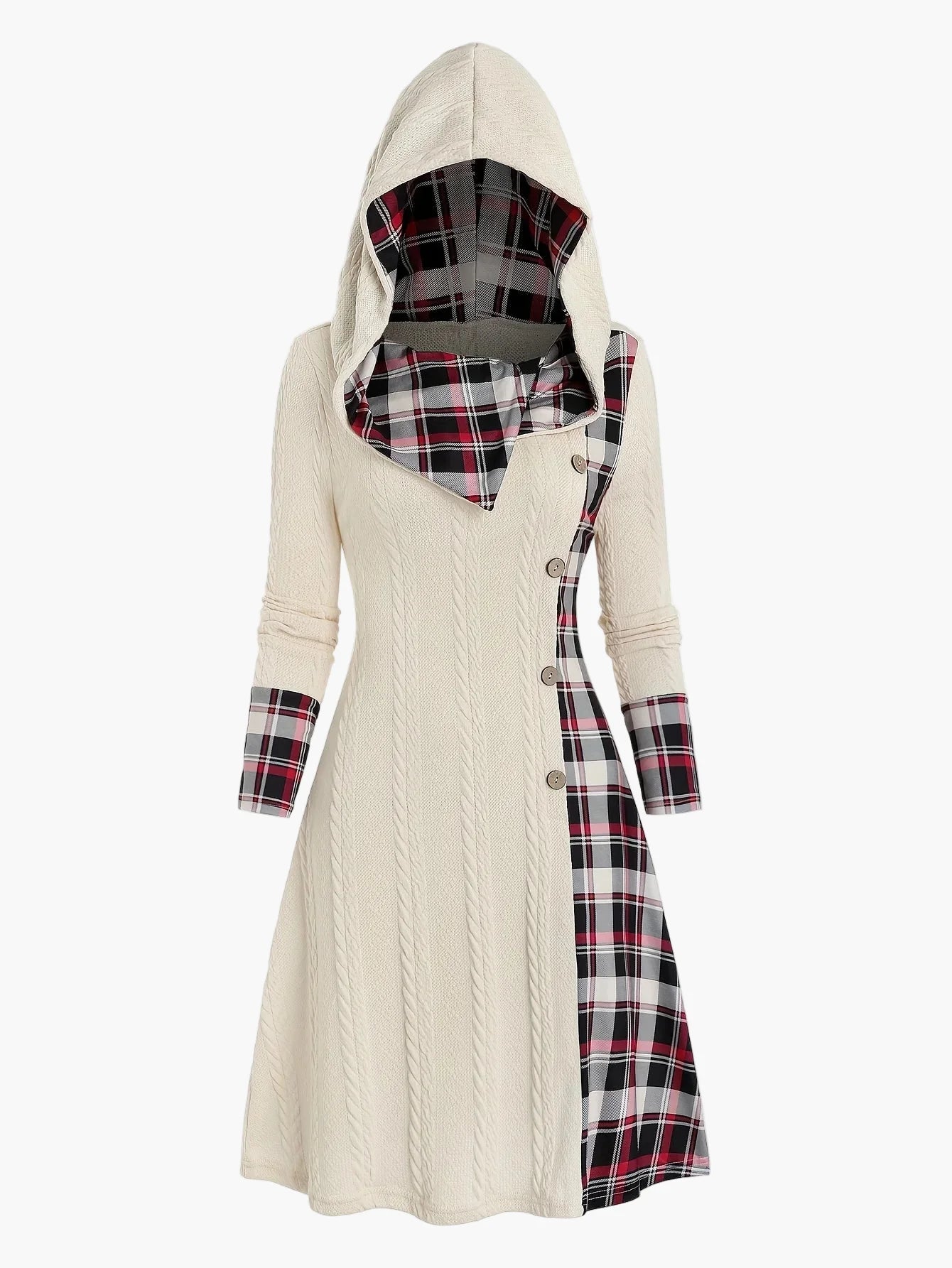 Women's hooded dress in vintage style with check pattern for autumn and winter