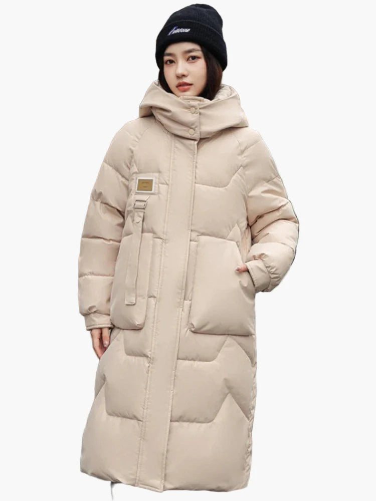 Women's winter quilted coat with hood – long, warm outdoor parka for everyday & leisure