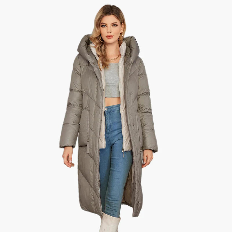 Women's winter quilted coat with hood – fashionable long parka for cold days